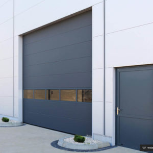 Brama garażowa przemysłowa segmentowa z panelem aluminiowym przeszklonym grafit