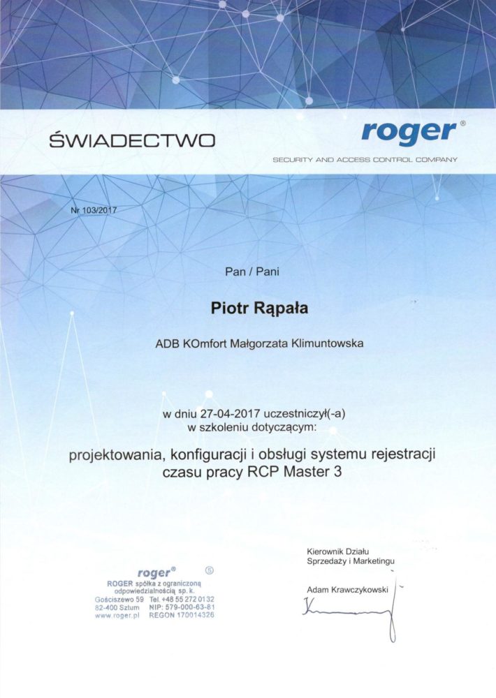 Certyfikat ROGER - świadectwo szkolenia RCP tejestracji czasu pracy