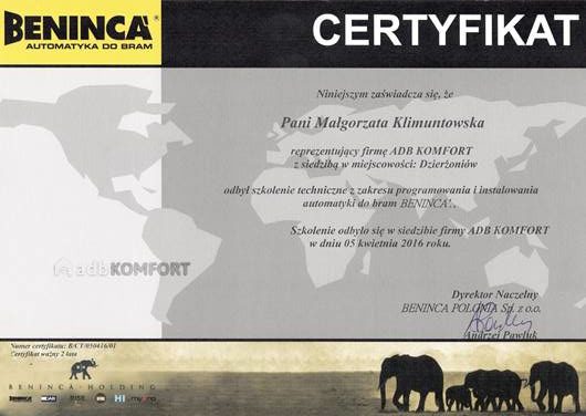 Certyfikat BENINCA - uprawnienia do instalowania automatyki Beninca