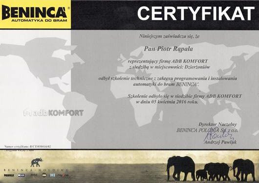 Certyfikat BENINCA - uprawnienia do instalowania automatyki Beninca 2