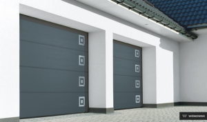 Brama garażowa segmentowa bez przetłoczeń RAL 7016 z aplikacjami ozdobnymi